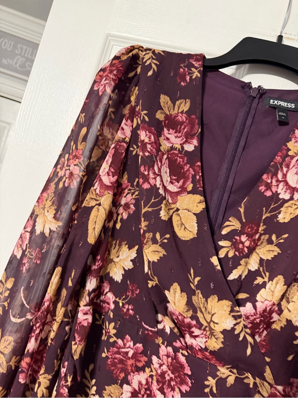 Express Burgundy Floral Wrap-Style/Gathered Mini Dress - Picture 5 of 16